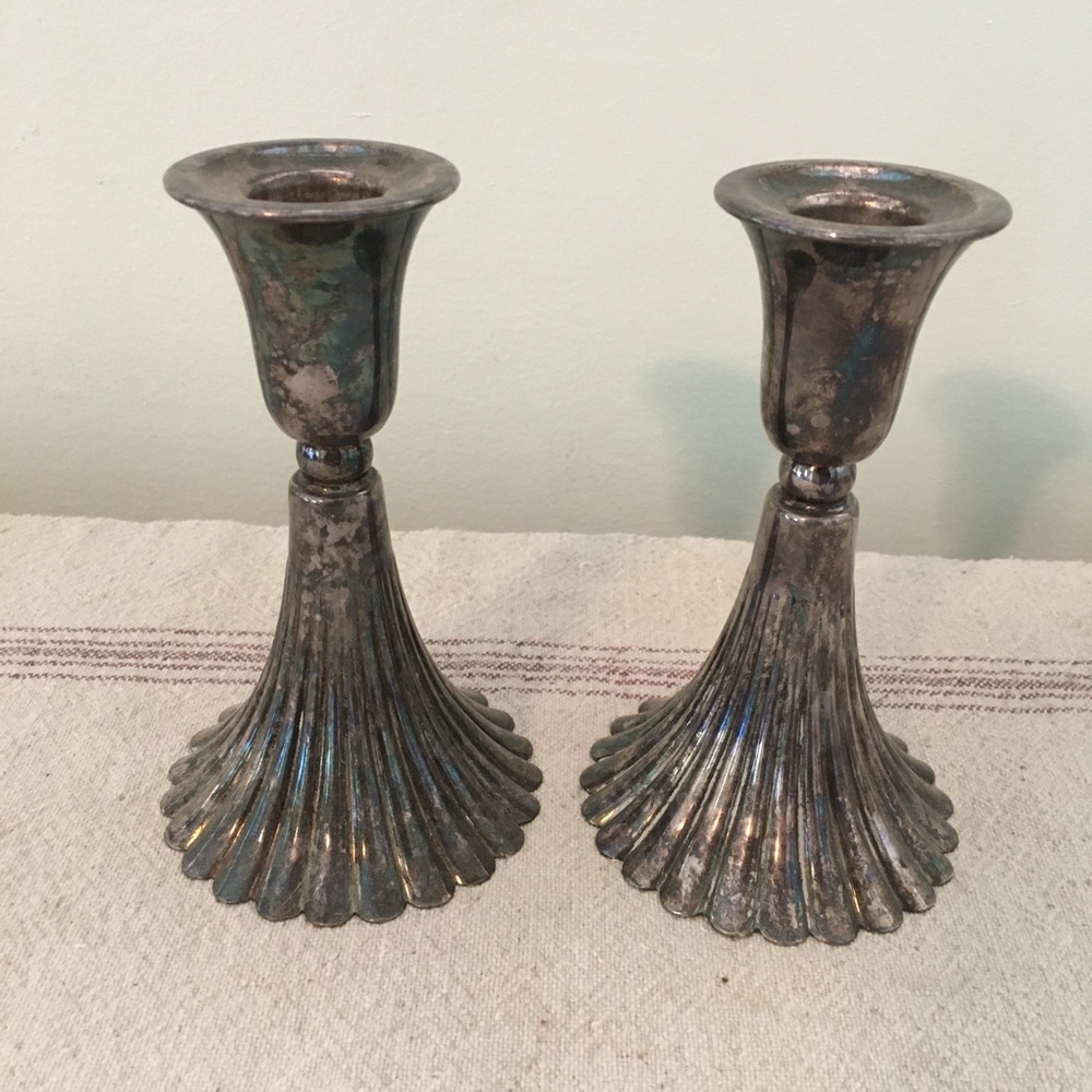 Vintage Silver-Tone Ribbed Fluted Candlestick Pair